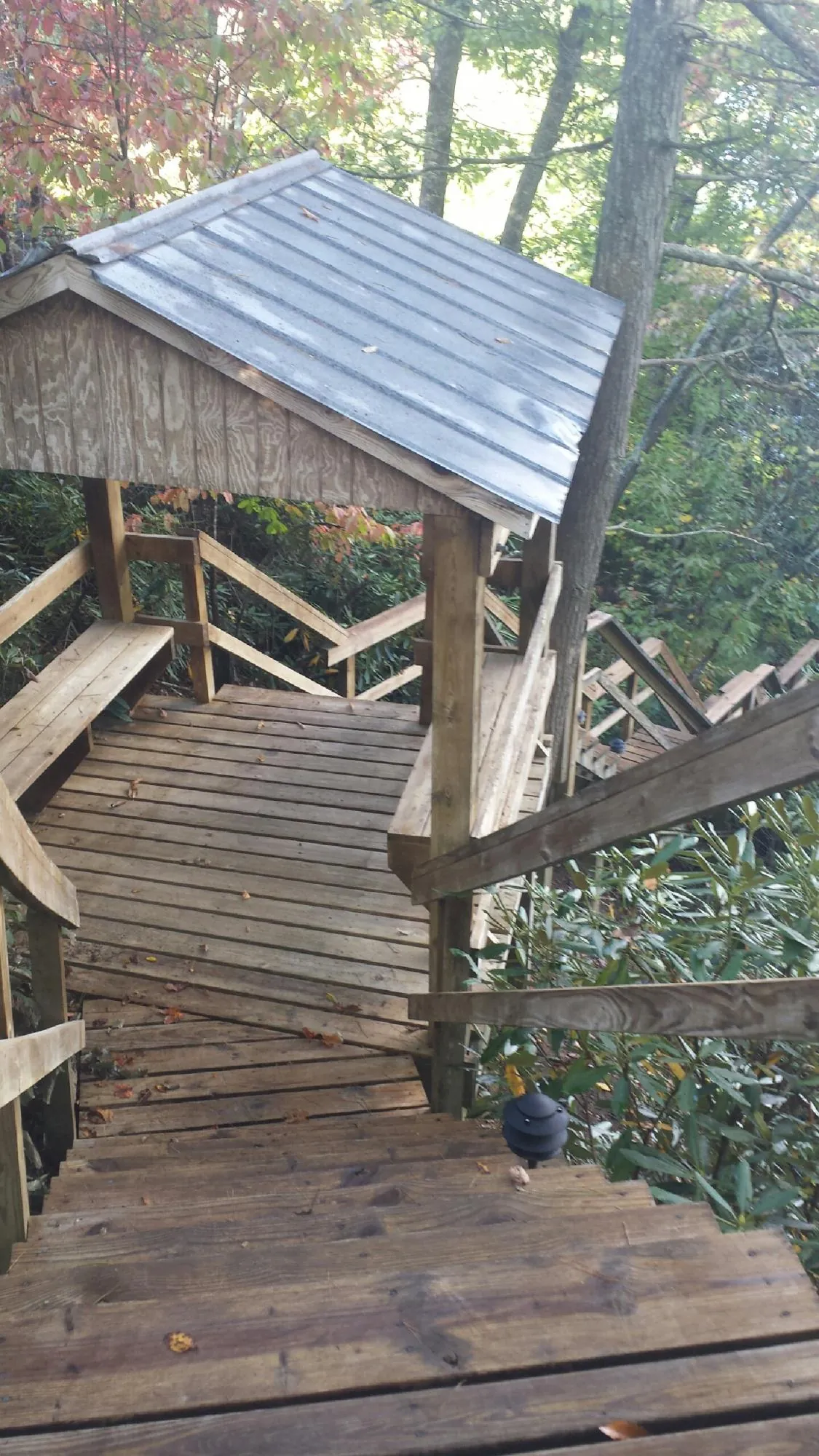 Metal roofed shelter over wooden steps on a wooded walkway — Skylight Repair & Installation work by our crew in Christine